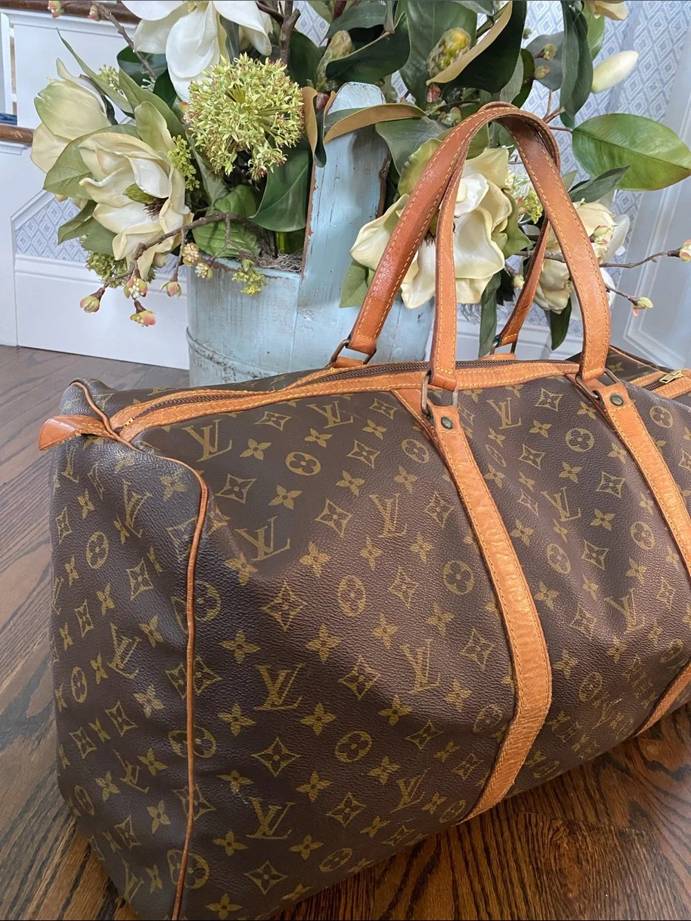 Vintage Louis Vuitton Monogram Keepall Canvas Duffel Bag with Tan Leather Trim